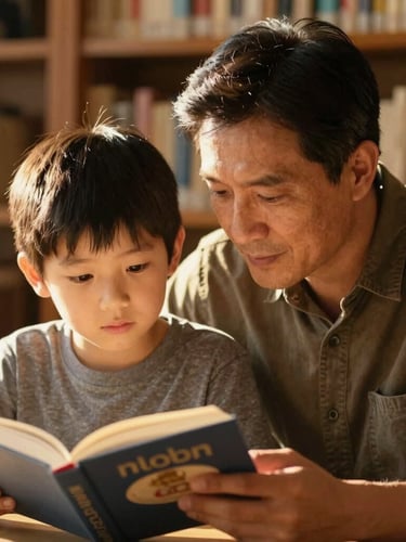 A warm, sun-drenched close-up of a mentor and a young boy reading a book together in a library filled with natural golden-hour light, focusing on their expressions of quiet concentration.