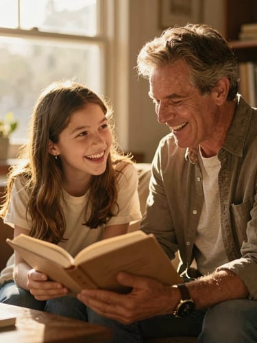 Candid medium shot of a mentor and a young student sharing a laugh over an open book in a sun-drenched Santa Barbara room, warm golden-hour light