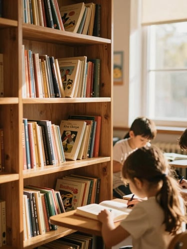 Warm study space filled with children's books on wooden shelves, golden-hour light streaming through a window, rich organic tones.