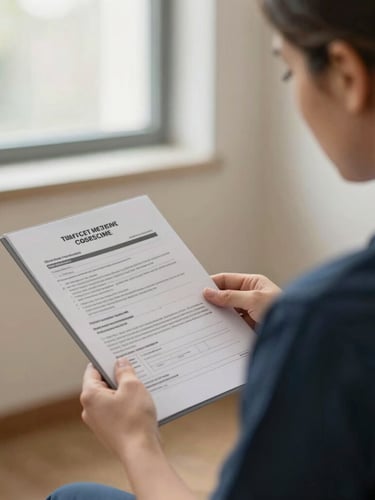 Over-the-shoulder perspective of a care home manager reviewing compliance documents with slate gray and navy tones, soft window light, professional atmosphere