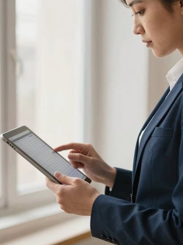 Medium close-up of a professional care home manager in a navy blazer reviewing floor rotas on a tablet near a bright window, soft natural lighting, editorial corporate photography style.