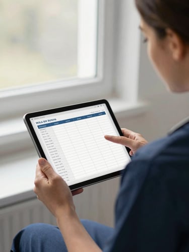 Over-the-shoulder perspective of a care home manager reviewing digital rotas on a tablet, soft natural window light, clinical slate gray tones, 35mm