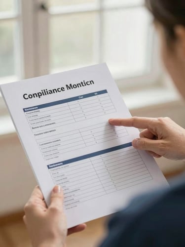 A close-up over-the-shoulder shot of a care home manager pointing to a structured compliance document. The paper has clear headings, natural morning light, professional and precise atmosphere.