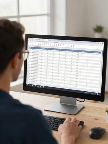Over-the-shoulder perspective of a care home director analyzing a structured financial spreadsheet on a monitor, clean workspace, natural window lighting, 35mm