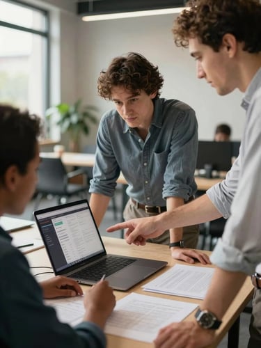 Medium-wide shot from the side: a diverse group of three founders gathered around a laptop showing a dashboard, hands pointing at the screen, natural window light from the left, contemporary co-working space blurred in background, documents spread on table