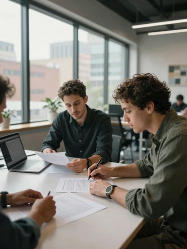 Medium-wide environmental shot, natural daylight through floor-to-ceiling windows, two diverse founders seated at a wide desk reviewing printed contract documents and a laptop dashboard, urban co-working space background, hands visible on documents, calm focused energy