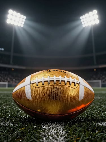 Dramatic low-angle shot of a glowing gold football on a dark turf, stadium floodlights cutting through mist in the background, high contrast, 35mm.