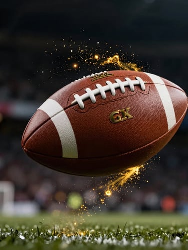 Close-up of a professional football spinning mid-air, dynamic motion blur, glowing gold particles, dark stadium background, high-contrast lighting
