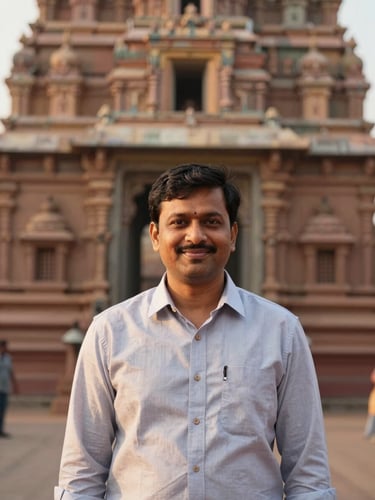 Portrait of a friendly, professional Indian man in his 40s, wearing smart casual attire, smiling gently, standing in front of a subtly blurred background of a traditional Odishan temple entrance, warm diffused light.