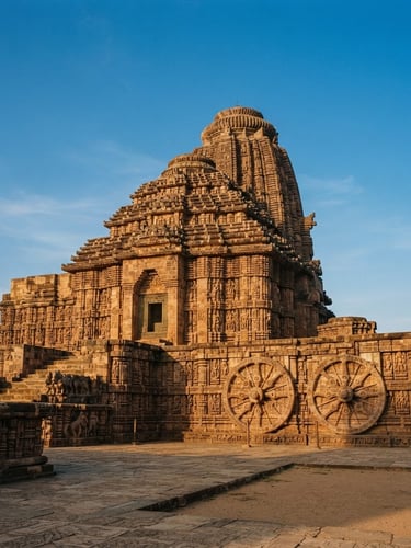 Wide shot of the Konark Sun Temple, intricate stone carvings bathed in warm golden-hour sunlight, clear blue sky, from a slightly low angle, no people visible.