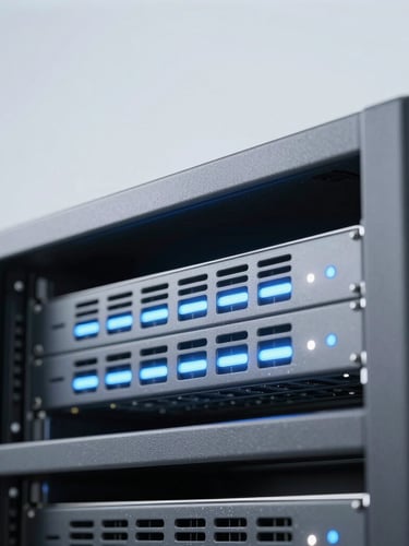 Close-up of a sleek modern server rack interface, soft blue and white status lights, bright minimalist tech photography, soft diffused daylight, clean light gray background, 35mm