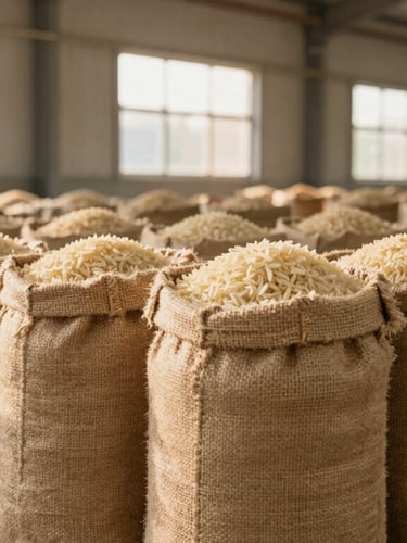Neatly stacked export-ready burlap sacks of Basmati rice inside a clean, modern, high-contrast industrial warehouse, warm natural light filtering through high windows, 35mm