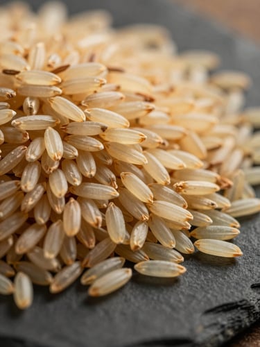 Industrial scale close-up of raw long-grain Basmati rice on a dark slate surface, sharp macro detail, warm golden-hour lighting, 35mm