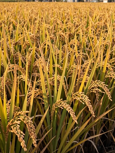 Wide-angle editorial shot of golden rice fields during harvest in the Indus basin, warm golden hour sunlight, 35mm photography