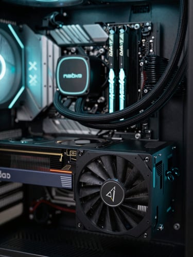 Close-up of a custom water-cooled PC build with matte black fittings and subtle cyan LED ambient lighting, focused on the GPU block, premium tech aesthetic, 35mm