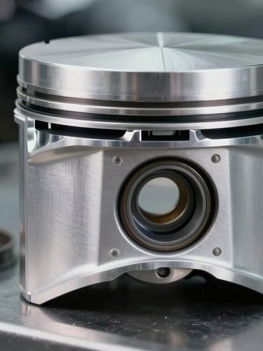 Macro shot of a pristine Honda motorcycle engine piston and rings on a dark steel surface, cool white technical lighting, shallow depth of field