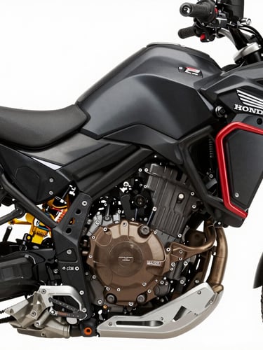 Close-up profile of a pristine matte black Honda adventure motorcycle, highlighting the precision-engineered engine and red accents, studio lighting