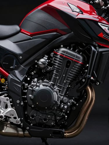 Low-angle sharp automotive photography of a pristine Honda motorcycle engine, high-contrast studio lighting, deep blacks with vivid red accents, 50mm lens