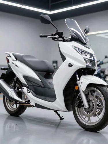 Prístina motocicleta Honda de alta cilindrada estacionada en un taller de alta gama con iluminación blanca y brillante, piso gris pulido impecable.