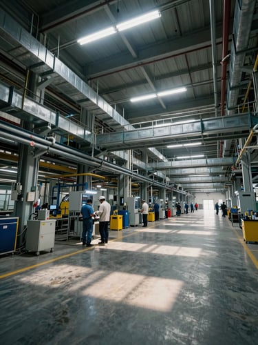 Wide-angle industrial plant floor shot from standing height: cable trays and conduit runs spanning the ceiling across a large manufacturing bay, technicians in PPE working at floor level below, cool overhead fluorescent lighting casting long parallel shadows, infrastructure scale dominant in the frame with workers providing human reference