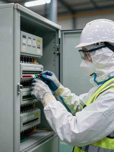 Close portrait-format frame: a technician in full PPE — hard hat, safety glasses, high-visibility vest — adjusting terminals inside an open industrial electrical panel, cool warehouse fluorescent light raking across the panel face, hands in insulated gloves in sharp foreground focus, steel cabinet structure blurred behind