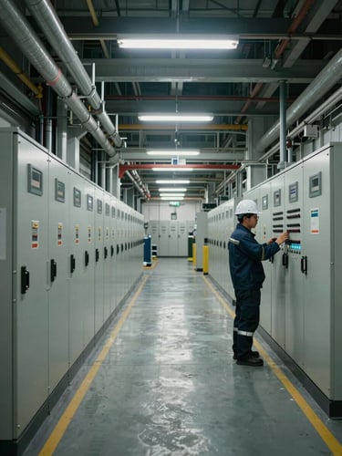 Wide panoramic view from inside a large industrial plant floor, overhead fluorescent lighting illuminating rows of heavy electrical switchgear and conduit runs, a technician in full PPE and hard hat visible in the right third inspecting a panel, deep facility depth showing infrastructure scale