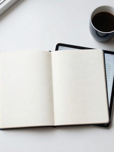 A minimalist overhead flat-lay of an open paper notebook, a sleek modern tablet displaying text, and a dark ceramic coffee cup on a clean white desk, soft natural morning side-light.