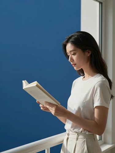 Portrait of a woman reading on a clean balcony, soft natural light, minimalist editorial style, clean editorial photography, 35mm lens.