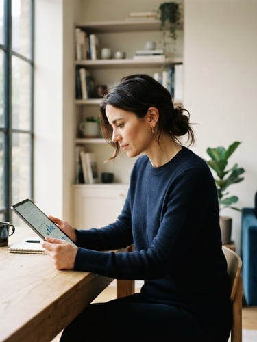 Portrait of a focused professional reading on a tablet in a sunlit, minimalist room, soft natural window light, deep blue tones, clean editorial photography, 35mm lens.
