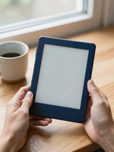 Close-up of hands holding an e-reader next to a ceramic cup on a wooden table, soft window light, clean editorial photography, 35mm lens.