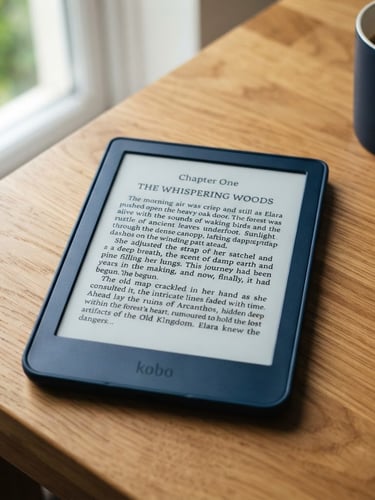 Close-up of a modern e-reader screen displaying clean typography, resting on a wooden desk under soft natural morning window light, deep blue tones