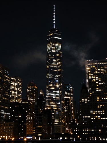 Cinematic low-angle shot of the New York City skyline at night, deep shadows, golden window lights, subtle smoke haze, 35mm anamorphic lens