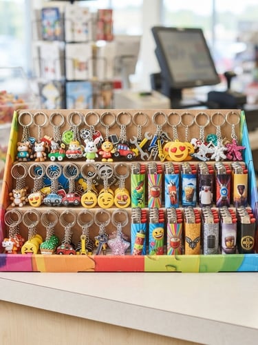 Straight-on product shot of a pre-packed cardboard counter display box filled with colorful novelty keychains and lighters on a clean convenience store checkout counter, bright high-key commercial lighting.