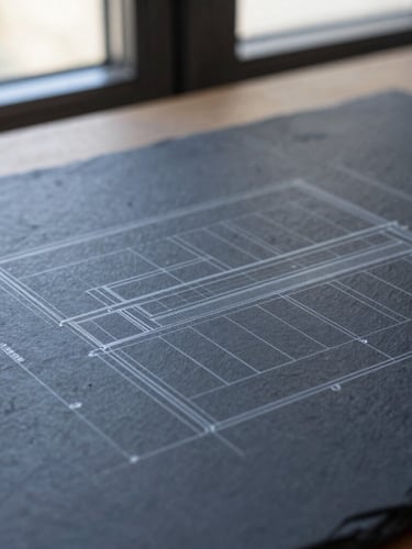 Extreme close-up of a structured architectural blueprint on a slate desk, sharp technical lines, deep navy and slate gray tones, soft natural window light, Hasselblad medium format.