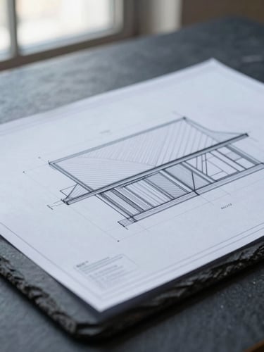 Extremely sharp architectural close-up of physical blueprint drawings laid out on a dark slate table, soft side light, technical drawing lines, Hasselblad medium format