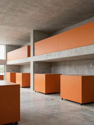 Wide angle of a modern, organized logistics space with clean concrete lines, soft diffused daylight, warm ochre accents, editorial corporate photography style