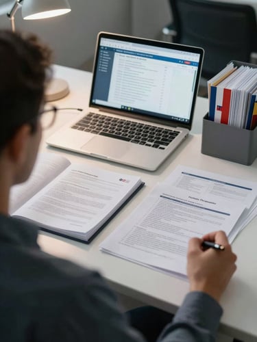 Wide over-the-shoulder view of an organized consultant's desk, papers and open folders spread across the surface, a laptop screen showing a university admissions database, country-flagged dividers visible in a file tray to the right, even overhead office lighting, no people's faces visible
