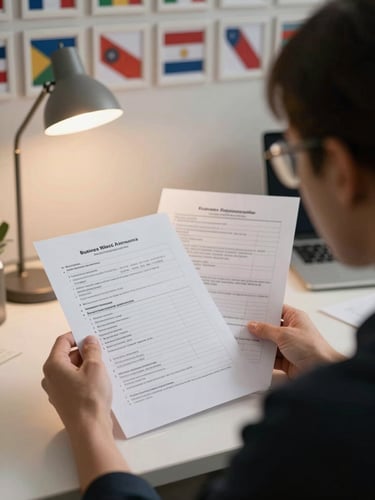 Over-the-shoulder shot of someone reviewing a business registration document at a desk, multiple country flags in small frames visible on the wall behind, a second open document showing a regulatory checklist, warm desk lamp illuminating the papers, office setting