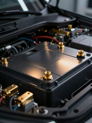 Close-up of a modern electric vehicle battery compartment and gold-plated high-voltage connectors, clean laboratory environment, dramatic lighting.