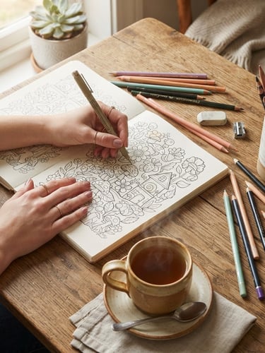 Overhead shot of hands sketching whimsical, thick-lined coloring book designs on paper, surrounded by colored pencils and a warm cup of tea, soft morning window light.