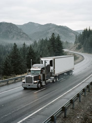 Wide environmental shot of a clean, heavy-duty refrigerated transport truck driving on an Idaho highway at early morning dawn, crisp overcast daylight, desaturated green and steel tones, 35mm