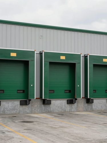 Crisp commercial portrait shot of a clean loading dock in Boise, overcast daylight, desaturated green and steel tones, wide-angle lens.
