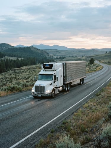 Wide-angle crisp commercial shot of a heavy-duty refrigerated transport truck on an Idaho highway at dawn, desaturated green and steel tones, early morning light, 35mm