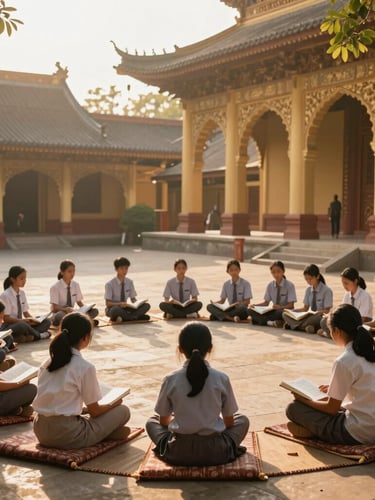 Wide shot of a warm, sunlit temple courtyard, young students sitting in a circle on traditional mats, holding books, soft golden hour sunlight filtering through archways.