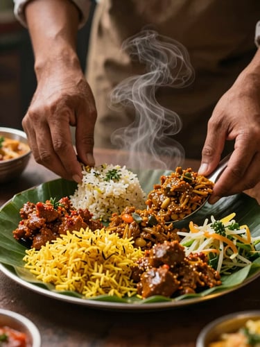 Close-up of hands serving a traditional multi-course vegetarian meal on a leaf plate, warm steam rising, vibrant saffron rice and colorful curries, soft golden lighting.