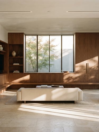 Straight-on architectural elevation of a minimalist living space, showcasing custom walnut millwork, brushed bronze details, and soft afternoon window light casting long shadows on travertine floors, medium format film.