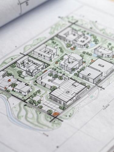 Close-up of architectural blueprint overlaying a topographical map, clean lines, muted earth tones, soft architectural shadows, high-end real estate