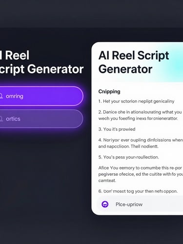 A high-fidelity dark-mode UI mockup of the AI Reel Script Generator, showing a glowing neon violet input form on the left and a live-updating script output preview on the right with electric cyan accents.