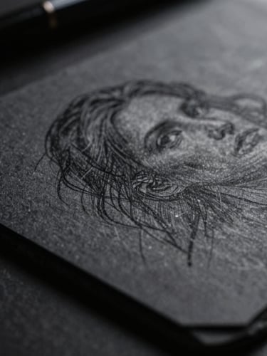 Macro close-up of a hand-rendered sketch card on dark slate, showing rich graphite textures and deep ink strokes under dramatic side-lighting, shallow depth of field