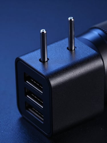 Macro product shot of a high-wattage multi-port charger, cool technical blue studio lighting, matte black housing, sharp 85mm lens